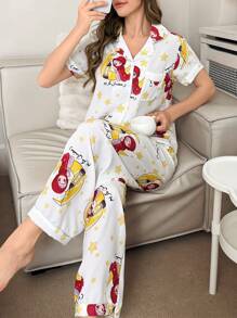 Bubble Print Lapel Cardigan Short Sleeve & Long Pants Women Pajama Set - Beige - View 1