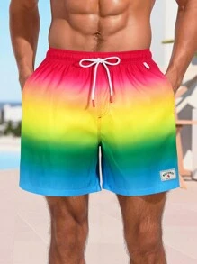 Manfinity Swimmode Shorts casuales de playa con bolsillo y nudo delantero en degradado para hombres, de ocio y vacaciones