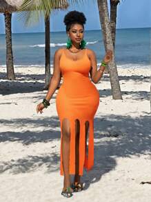 Slaydiva 2025 新款狂欢/复活节女装/老钱风格女装/乡村音乐会装/外出装/仙女风/节日装/热带度假女装夏季女士服装/夏季/狂欢/欧洲夏季/春季服装/西装女士加大码/音乐会/毕业装，百搭日常休闲简约性感极简大码，休闲纯色细肩带流苏下摆中长连衣裙 - ZZ