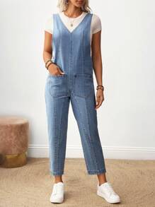 EMERY ROSE Women's Casual V-Neck Denim Overall With Dual Pockets - Blue - View 4