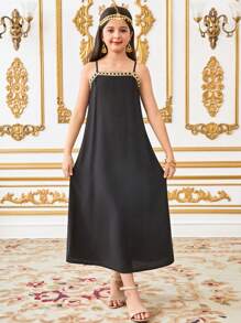 SHEIN 2pcs/Set Tween Girls Foil Print Sleeveless Dress With Belt, Ramadan Outfit - Black - View 5