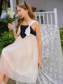 SHEIN Vestido elegante, hermoso y adorable para niña preadolescente, sin tirantes, con manga de malla abullonada y lazo, en negro y blanco, apropiado para verano y primavera, ideal para fiestas y vacaciones - Blanco y Negro - Ver 7