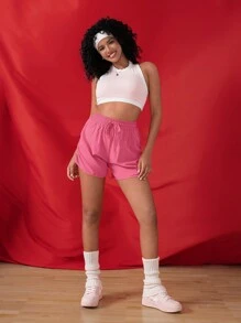 SHEIN Sports 女士纯色前系带简约运动短裤，休闲度假毛衣短裤