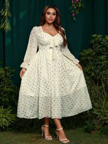 SHEIN Belle 极简性感法式优雅高领长袖金箔雪纺连衣裙女春夏浪漫度假 - 杏色 - 查看 3