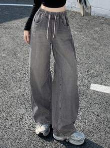 DAZY 女士系带前口袋简约牛仔裤，休闲日常穿着 - 灰色 - 查看 5