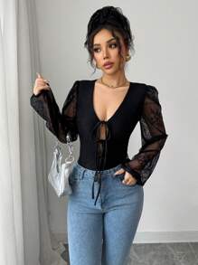 Chiquease Lace Bowknot Front Black Bodysuit, Minimalist Fashion Casual Bodysuit For Everyday Wear Fall Cloth For Women