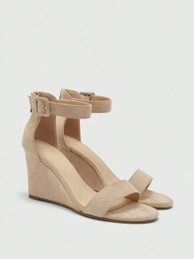 CUCCOO BIZCHIC 女士时尚杏色绒面革材质绑带踝带经典简约风格舒适坡跟凉鞋，适合通勤、约会、派对 - 杏色 - 查看 9