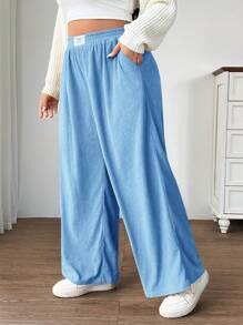 SHEIN EZwear Quần Cargo cạp cao mùa hè cỡ lớn cho nữ có túi và thiết kế miếng vá, vải nhung kẻ, phù hợp mặc ở trường học, mặc hàng ngày và làm việc trong nhà, mùa thu/đông - Màu xanh lam - Xem 5