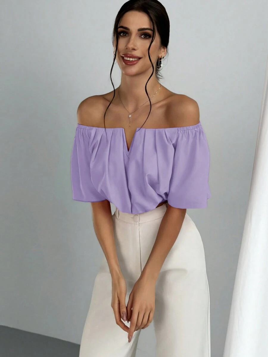 Aloruh Women's Solid Color Pleated Off Shoulder V-Neck Slim Fit Blouse Top - Mauve Purple - View 1