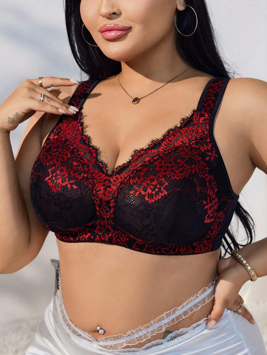 SHEIN 1pc Fashionable Elegant Romantic French Lace Patchwork Soft Sponge Adjustable Strap Plus Size Wireless Bra - Multicolor - View 1