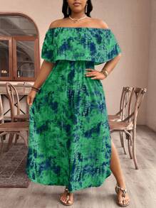 SHEIN VCAY Rochie de vacanță cu umăr dezactivat cu volane, cu imprimeu Boho Tie Dye, de mărime Plus, pentru vară - Verde - Vizualizare 3