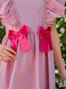 Wildeya Tween-Mädchen Elegantes, kurzes Kleid mit Blumendruck und Rüschen und Schleife, geeignet für Sommer und Frühling, ideal für Partys und den Urlaub