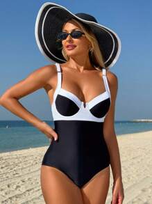 SHEIN Swim Elegant Minimalist Monochrome Women's One-Piece Summer - Black and White - View 3