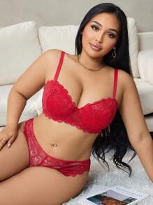 Plus Size Plain Lace Trim Simple Fitted Casual Wireless Lingerie Bra Set - Red - View 5