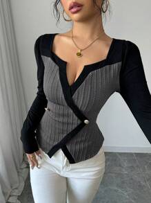 SHEIN Tall Women's Plain Color Splicing Front Button Long Sleeve Casual Blouse - Grey - View 6