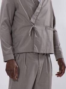 Musero 和服式裹身西装外套，领带细节设计，插袋西装外套，春夏必备剪裁单品 - 灰色 - 查看 5