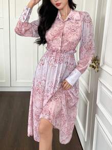 DAZY 一件女士中长款印花连衣裙，灯笼袖配腰带，优雅衬衫裙，秋季长袖连衣裙 - 粉色 - 查看 6