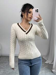 Chiquease Jersey de cuello en V de manga larga con trenzado para mujer, estilo universitario suave y acogedor, tejido, estilizador y versátil, otoño/invierno