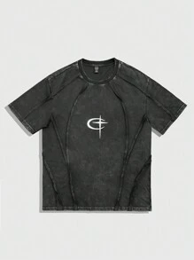 ROMWE MEN Street Life 男士垃圾摇滚圆领短袖印花休闲 T 恤，简约日常穿着，2000 年代风格 - 黑色 - 查看 1