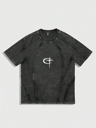 Grunge Punk Camiseta casual de cuello redondo de manga corta con estampado para hombre, uso diario minimalista, estilo de los años 2000