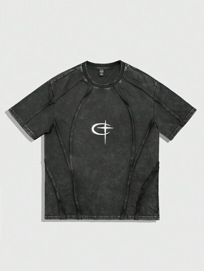 Grunge Punk Camiseta casual de cuello redondo de manga corta con estampado para hombre, uso diario minimalista, estilo de los años 2000