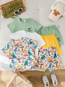 6 paquetes de camisetas de cuello redondo con estampado completo de dinosaurios y animales, casuales, universitarias, cómodas, de moda, simples y prácticas para niños pequeños