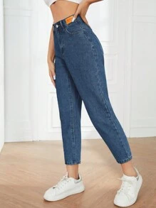 SHEIN PETITE 女式纽扣前口袋简约设计休闲牛仔裤