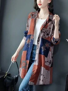 EMERY ROSE 女士休闲印花长袖宽松长衬衫