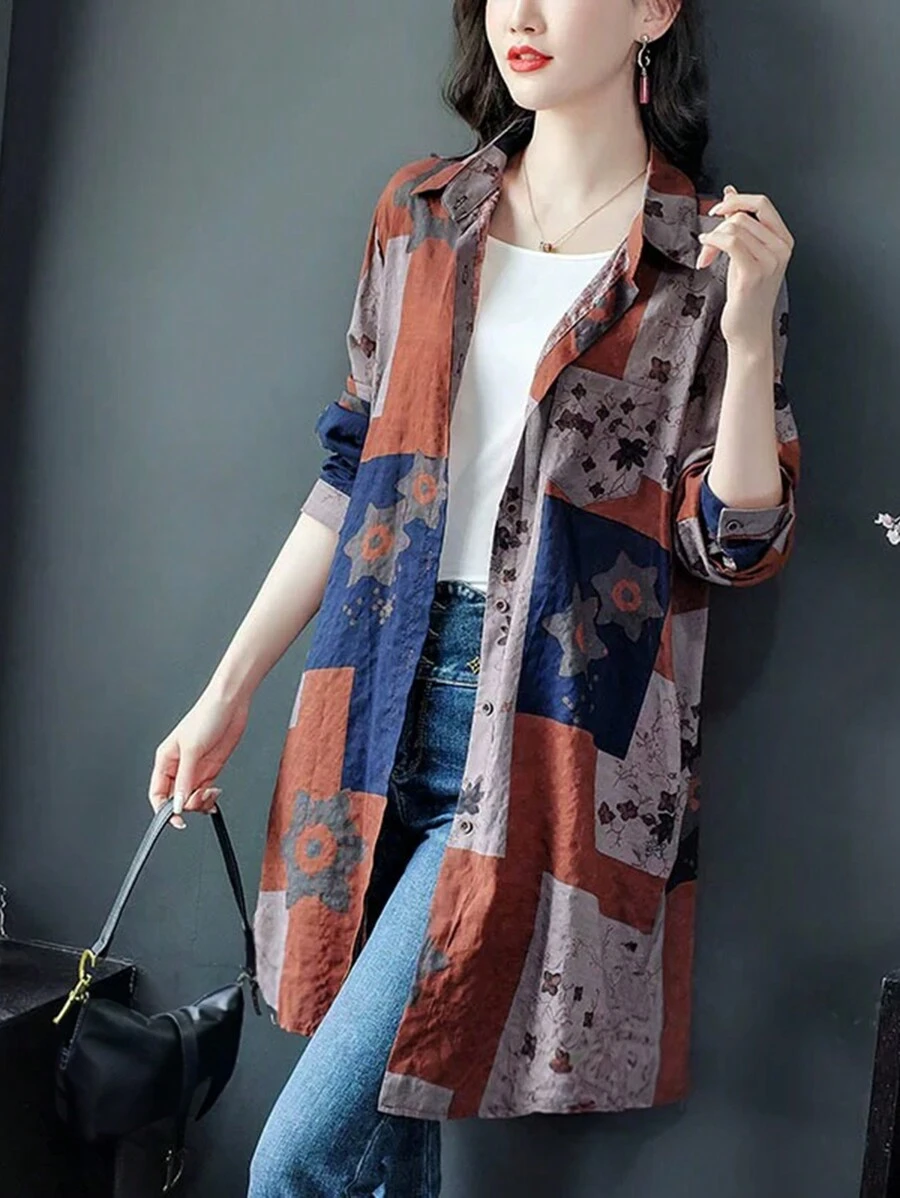 EMERY ROSE 女士休闲印花长袖宽松长衬衫