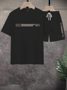 Manfinity Homme Set de 2 piezas con camiseta casual de cuello redondo de manga corta con estampado de letras y pantalones cortos con cordón en la cintura para hombre - Negro - Ver 2
