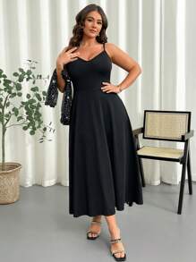 SHEIN Privé 大码 2 件套优雅闪亮衬衫和宽松伞裙套装女士夏季 - 黑色 - 查看 5