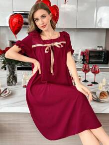 CoupledUp Camisón suelto de mujer con cuello cuadrado de encaje parche, decoración de lazo de satén y mangas cortas