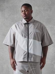 SUMWON Summer Athletic Plus Size Two Piece Set Zip Front Boxy Shirt Matching Shorts All Season Essential Track Suit Loungewear Casual Streetwear - Khaki - View 4