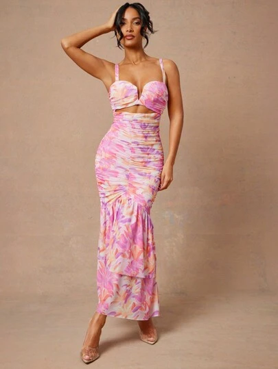 L'Amorae Floral Ruched Mermaid Hem With Cutout Details Dress