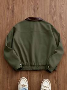 Manfinity VCAY Young Men's Casual Loose Fit Button Front Contrast Panel Jacket - Army Green - View 2