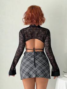 SHEIN Unity Sexy Sheer Lace With Backless Design Blouse For Women - Black - View 4