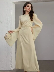 Graceveil Women's Solid Color Crew Neck Long Sleeve Mesh Patchwork Elegant Dress - Apricot - View 6