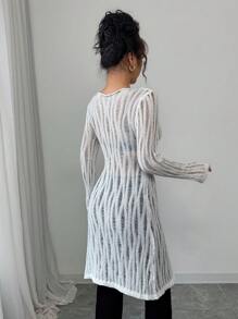 Chiquease 女士优雅性感镂空圆领插肩袖开衩修身长款针织毛衣，秋冬款 - 白色 - 查看 2