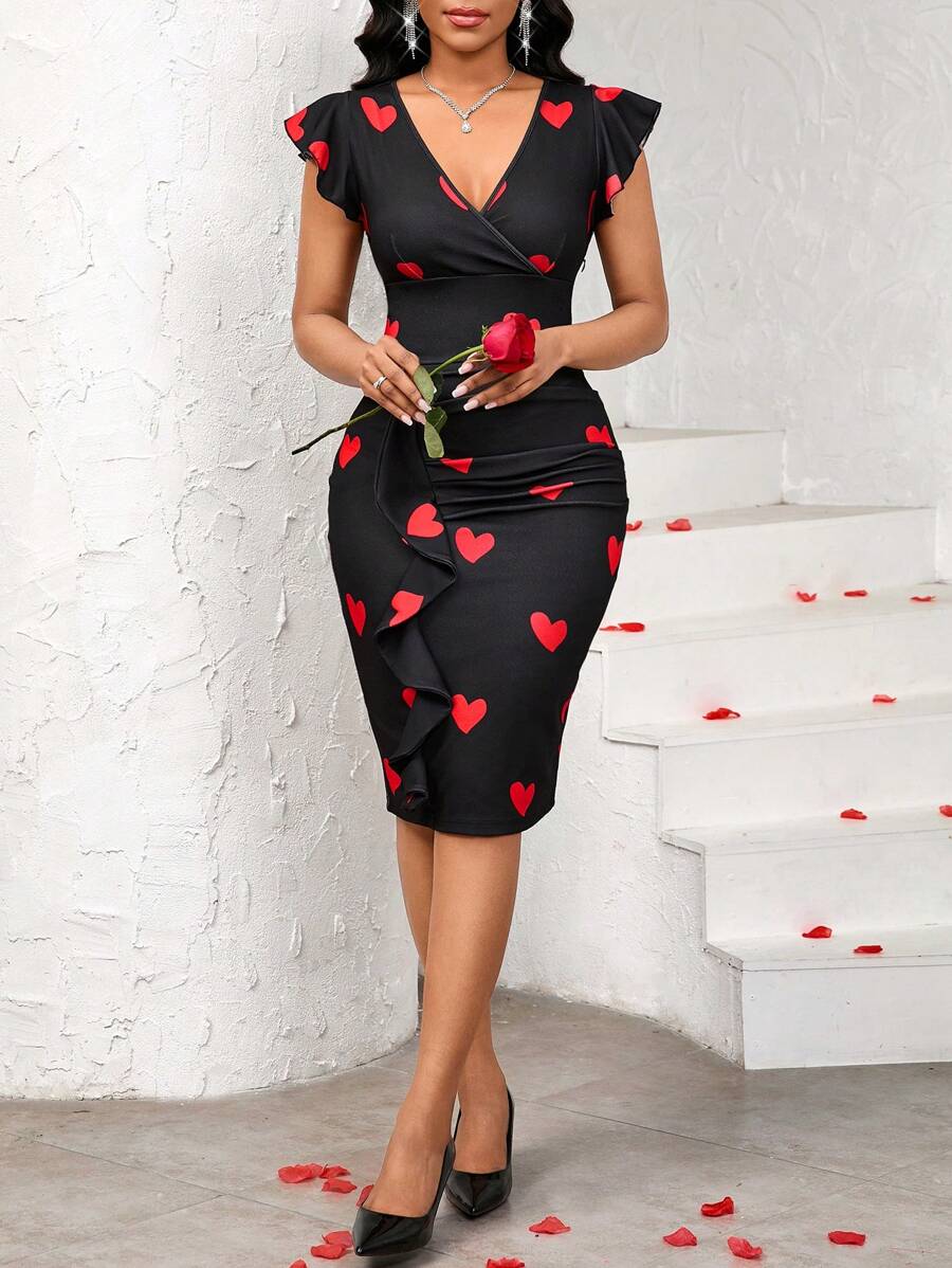 SHEIN Lady 女士心形印花连衣裙 优雅浪漫女士连衣裙 - 彩色 - 查看 1