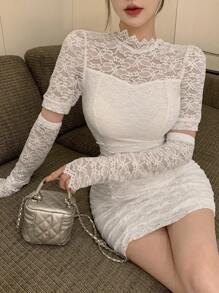 DAZY Women's White Lace Wrap Mini Dress For Spring/Fall Delicate Lace Party Women Dresses Graduation White Dress Prom Dress Milkmaid Dress Long Sleeve Dress Elegant Women Dresses - White - View 4