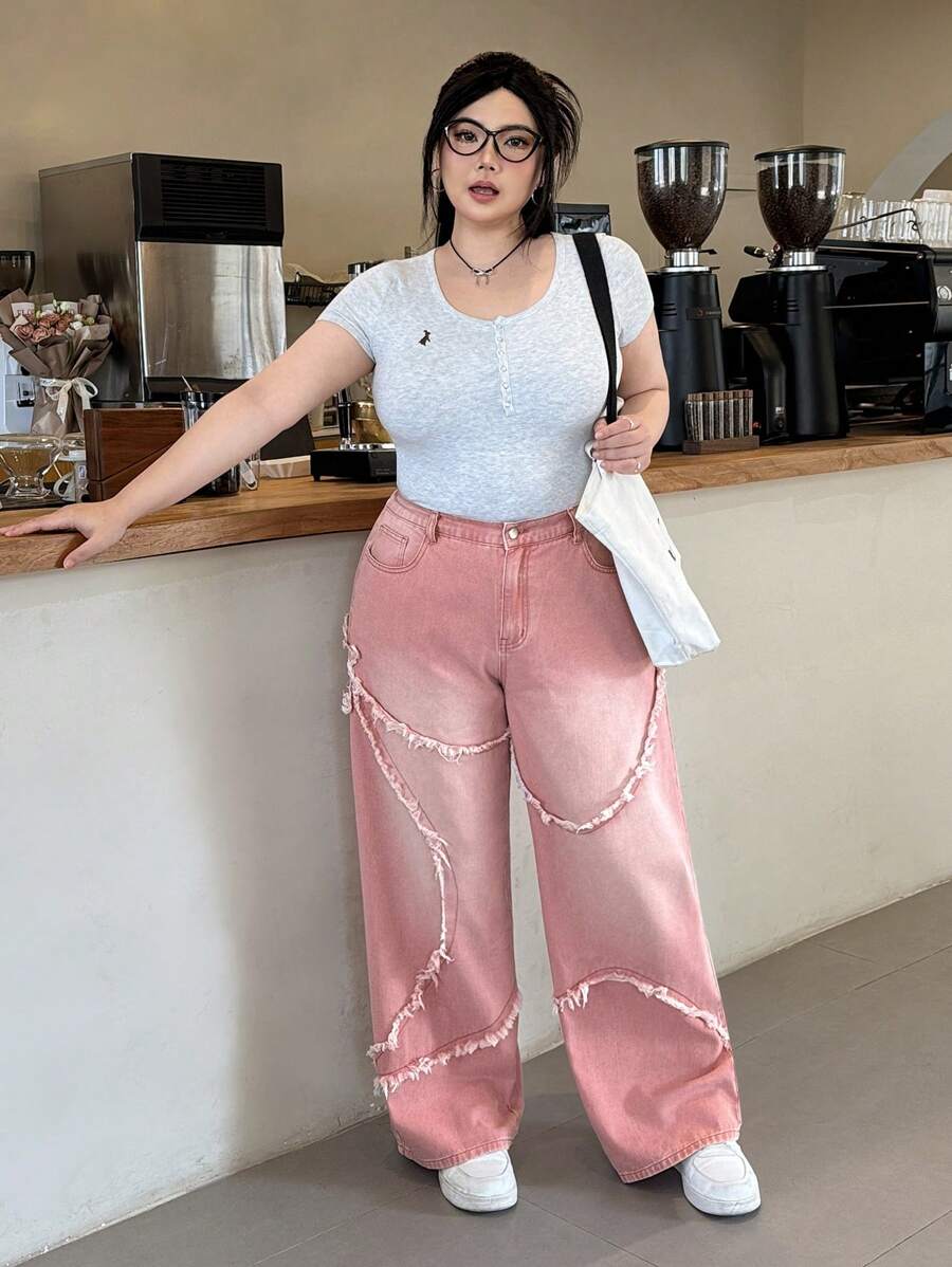 SHEIN EZwear 大码女式口袋磨边宽松休闲牛仔阔腿裤 - 藕粉色 - 查看 1