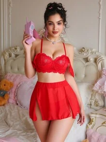 PetitDoll 3pcs Lace Contrast Mesh Women Sexy Bra Set With Underwire - Red - View 5
