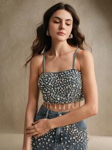 Anewsta Rhinestone Embellished Fancy Denim Cropped Cami Top For Women, Summer Festival/Concert - Dark Wash - View 3