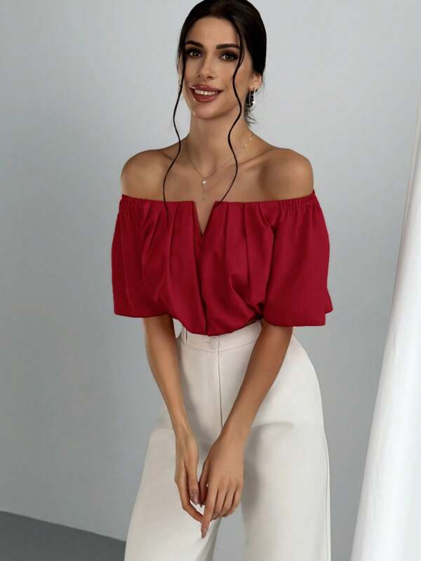 Aloruh Women Off Shoulder Cinched Waist Casual Blouse Top