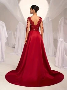 SHEIN Belle Gorgeous And Elegant Red Sequin Splicing Satin Mesh Appliques Long-Sleeved V-Neck High Waist Slim Fishtail Splicing Exaggerated Floating Pieces Wedding Guest Dress, Suitable For Dinner Bachelor Party Date Birthday Wedding Event Prom Homecoming Season Valentine's Day Evening Dress, Formal Dress,Gown