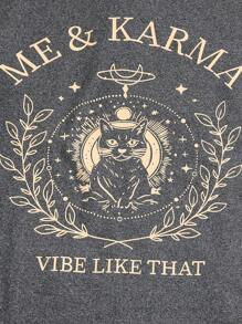 Teenage Girls New Casual Cat & Letter Printed Round Neck Short Sleeve T-Shirt, Lightweight Tee For Daily Wear, Charcoal Grey - Red - View 4