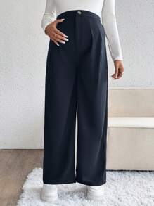 SHEIN Maternity Plain Pocket Pleated Wide Leg Casual Pants - Royal Blue - View 5