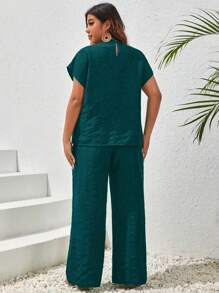 SHEIN VCAY Camiseta con mangas tipo murciélago y pantalones anchos de verano talla grande - Agua verde azul - Ver 2