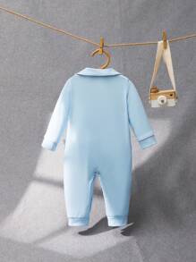 SHEIN Newborn Unisex Baby All-Match Casual Collared Contrast Color Striped Long Sleeve Romper, Suitable For Christmas And Everyday, Autumn/Winter