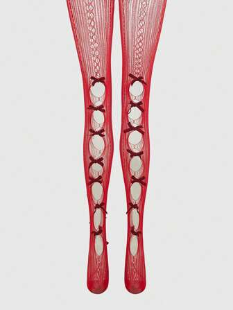 Kawaii 1 paio di calze a rete donna rosse con fori grandi e piccoli, con 14 fiocchi rossi, adatte per tutte le stagioni